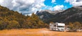 Panoramic view of MOTORHOME RV In Chilean landscape in Andes. Family trip traval vacation in mauntains