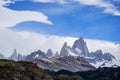 a panoramic view of The mount Fitz Roy over the blue sky with some clouds Royalty Free Stock Photo
