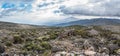 Panoramic view of Mount Meru and the Shira Cave Camp site on the Machame hiking route on Mt Kilimanjaro, Tanzania Royalty Free Stock Photo