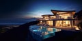 Panoramic view of mountain hill large luxury villa house with night ocean view.AI Generative