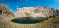 Panoramic view of mountain lake between Bolkar Mountain and Taurus Mountain. Karagol, Nigde, Turkey. It is known black lake.