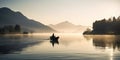 panoramic view on a mountain lake with the fisher boat silhouette