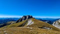 Panoramic view on the mountain peaks of the Hochschwab Region in Upper Styria, Austria. Sharp summit of Ebenstein in the beautiful