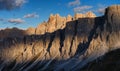 Panoramic view of the mountain peaks during sunset. The Dolomite Alps, Italy. Natural scenery in the highlands. Royalty Free Stock Photo