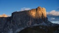 Panoramic view of the mountain peaks during sunset. The Dolomite Alps, Italy. Natural scenery in the highlands. Royalty Free Stock Photo