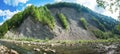 Panoramic view on mountain river in front of mountain range