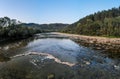 Panoramic view of mountain river stream wild landscape on scenic day in summer