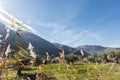 Panoramic view of the mountain on the route of the river Monachil with blue sky, sunshine and green vegetation, in Los Cahorros, G