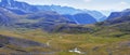 Panoramic view of a mountain valley. Tundra, treeless mountain slopes Royalty Free Stock Photo