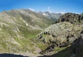 Panoramic view of mountain valley with winding stream of spring and snow-capped peaks at Stubai hiking trail, Stubai Royalty Free Stock Photo