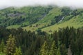 Panoramic view on mountain waterfalls, green forests and apline meadows near Saint-Gervais-les-Bains, Savoy. France