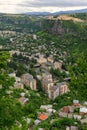 Panoramic View of the mountainous city of Chiatura, famous for its manganese mines located on the river Kvirila, Georgia