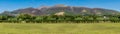 A panoramic view of mountains with a forest and fields.