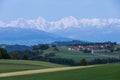 Panoramic view of the mountains, the village and fields from the top of the hill in Bern in Switzerland Royalty Free Stock Photo