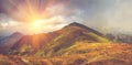 Panoramic view of mountains, summer landscape with foggy hills.