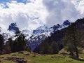 Panoramic view of mountaintops against cloudy sky