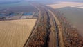 Panoramic Moving Freight Train Along Railway Tracks, Trees Agricultural Fields