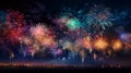 A panoramic view of a multitude of fireworks in various stages of explosion, creating a tapestry of colors against a starless Royalty Free Stock Photo