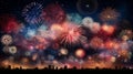 A panoramic view of a multitude of fireworks in various stages of explosion, creating a tapestry of colors against a starless Royalty Free Stock Photo