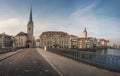 Panoramic view of Munsterbrucke Bridge with Fraumunster Church and St Peters Church - Zurich, Switzerland