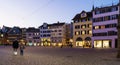 Panoramic view of Munsterhof square with Guild houses at night,