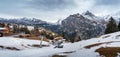 Panoramic view of Murren Village with Alps Mountains on background - Murren, Switzerland