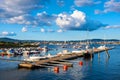 Panoramic view of Nakholmen island marina on Oslofjord harbor with metropolitan Oslo, Norway city center in background