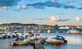 Panoramic view of Nakholmen island marina on Oslofjord harbor with metropolitan Oslo, Norway city center in background