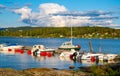 Panoramic view of Nakholmen island marina on Oslofjord harbor near Oslo, Norway, with Lindoya island in background