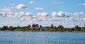Panoramic view of Nakholmen island on Oslofjord harbor near Oslo, Norway, with marina and summer cabin houses at shoreline in