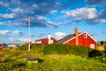 Panoramic view of Nakholmen island on Oslofjord harbor with summer cabin houses at shoreline in early autumn near Oslo, Norway