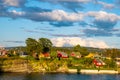 Panoramic view of Nakholmen island on Oslofjord harbor with summer cabin houses at shoreline in early autumn near Oslo, Norway