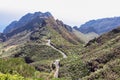 Panoramic view on the narrow curvy mountain road to village Masca, Teno mountain massif, Tenerife. Roque de la Fortaleza Royalty Free Stock Photo