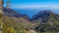 Panoramic view on the narrow winding curvy mountain road to village Masca, Teno mountain massif, Tenerife. Roque de la Fortaleza Royalty Free Stock Photo