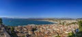 Panoramic view of Nauplio town and Bourtzi from the historical Clock tower hill. Argolis - Greece Royalty Free Stock Photo