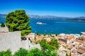 Panoramic view of Nauplio town and Bourtzi from the historical Clock tower hill. Argolis - Greece Royalty Free Stock Photo