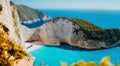 Panoramic view of Navagio beach, Zakynthos island, Greece. Shipwreck bay with turquoise water and white sand beach Royalty Free Stock Photo