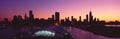 Panoramic view of Navy Pier and Chicago skyline at sunset, Chicago, IL