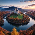 A panoramic view of Neuschwanstein Castle, a 19th-century hilltop fairytale cast...