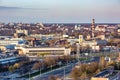 Panoramic view on new quarter high-rise building area urban development residential quarter in the evening from a bird`s eye view Royalty Free Stock Photo