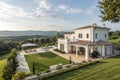Panoramic view of new style white villa with big backyard Royalty Free Stock Photo