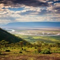 Panoramic view of Ngorongoro crater and Royalty Free Stock Photo