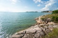 Panoramic view of nice colorful huge cliff and sea.