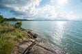 Panoramic view of nice colorful huge cliff and sea. Royalty Free Stock Photo