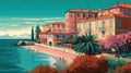 Panoramic View Of A Nice Town In The French Region. Vintage Poster Design. Generative AI