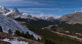 View of North Saskatchewan River Valley with Icefields Parkway, forest and snow-capped Hilda Peak in Banff National Park, Canada. Royalty Free Stock Photo