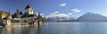 Panoramic view of Oberhofen castle at the lake Thun, Switzerland. Royalty Free Stock Photo