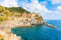 Scenic view of ocean and harbor in colorful village Vernazza, Ci Royalty Free Stock Photo