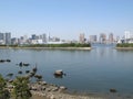 Panoramic view from Odaiba island to Tokyo skyscrapers on the coast of Tokyo Bay, Japan. Royalty Free Stock Photo