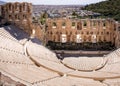 Panoramic view of Odeon of Herodes Atticus stone Roman theater, Herodeion or Herodion, at slope of Acropolis hill with